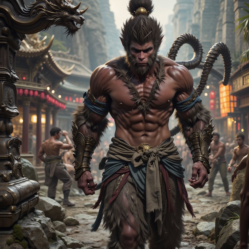 Black Myth: Wukong is wearing a sexy silver bikini, ready to go, walking towards him fiercely, with a tattoo on his chest, a dragon, and a chaotic battlefield background