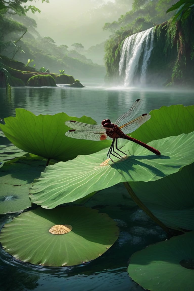 A photorealistic dragonfly perched on an exotic lotus leaf with the waterfall in the background --ar 9:16   --chaos <30>  --uplight、（Eye level angle）、（medium shot）、（photoreal）