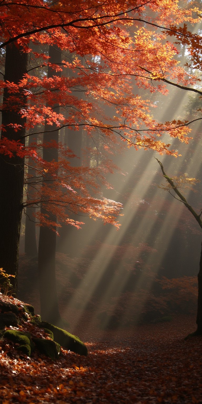 A Japanese woodblock-inspired scene showing a melancholic autumn landscape with falling leaves in a minimalist color palette, featuring touches of gold and red and a soft volumetric light effect,  4K object::5   --chaos <30>  --uplight  --q <.25, .5,  2, >、（Eye level angle）、（medium shot）、（photoreal）、（volumetric light）、（hyper quality）