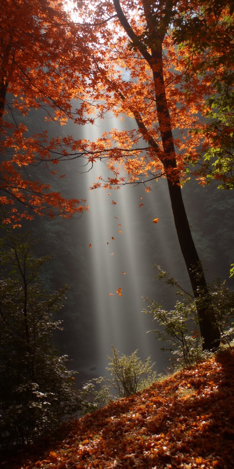 A Japanese woodblock-inspired scene showing a melancholic autumn landscape with falling leaves in a minimalist color palette, featuring touches of gold and red and a soft volumetric light effect,  4K object::5   --chaos <30>  --uplight  --q <.25, .5,  2, >、（Eye level angle）、（medium shot）、（photoreal）、（volumetric light）、（hyper quality）