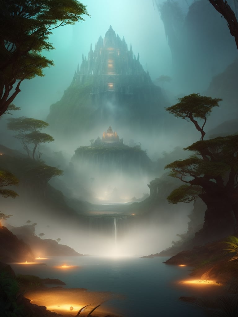 Person surrounded by multiple glowing, ancient temples in a fantastical jungle setting, with mist, waterfalls, and dramatic volumetric lighting --ar 9:16   --chaos <30>  --uplight  --q <.25, .5,  2, >、（Eye level angle）、（medium shot）、（photoreal）、（volumetric light）