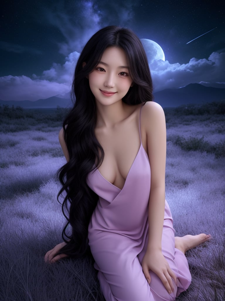 Japanese girl, lilac dress, dark eyes, medium wavy hair, medium chest, long red-black gradient hair, night sky, summer night, portrait, tranquility, innocence, fantasy, bright colors, dark tones, clouds, full body , smile - - ar 9:16 --chaos <30> --q <.25, .5, 2, >, (horizontal angle), (medium shot), (real photo), (soft light) ,(Hyperrealistic)