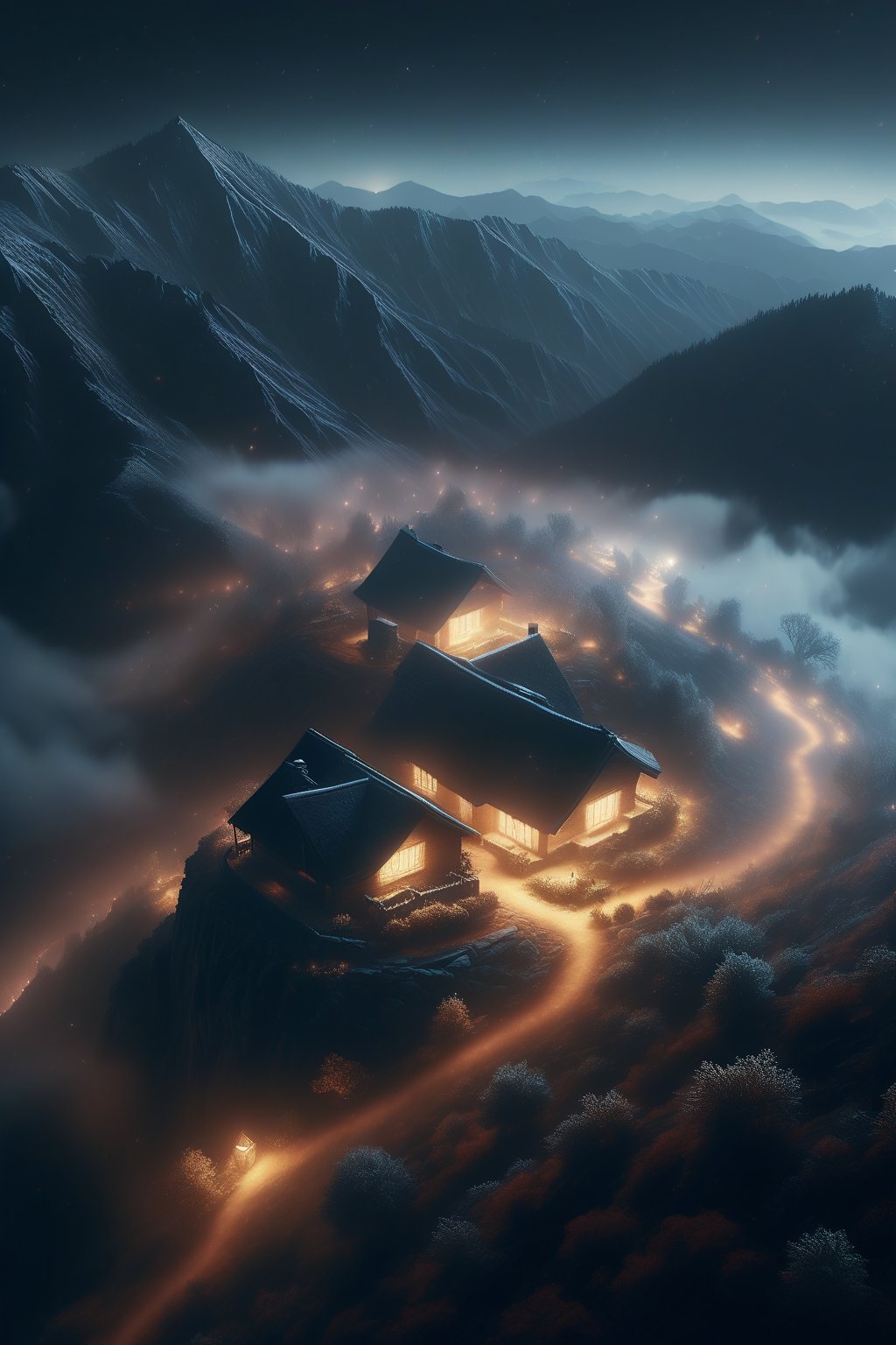 Bird's eye view over a sprawling mountain range blanketed in mist, with a small, illuminated cottage nestled in the peaks   --ar 9:16   --chaos <30>  --uplight、（Eye level angle）、（medium shot）、（photoreal）