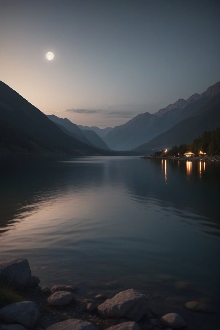 Mountains overlooking a calm lake at night, with warm light spilling from distant cabins  --ar 9:16   --chaos <30>  --uplight、（Eye level angle）、（medium shot）、（photoreal））