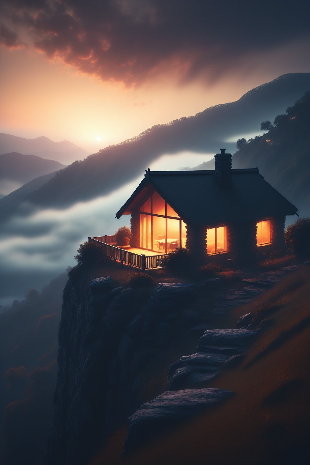 A misty mountain range at sunrise with a cliff-top cottage facing the horizon. The backlit sky is dramatic and captivating. --ar 9:16   --chaos <30>  --uplight、（Eye level angle）、（medium shot）、（photoreal）