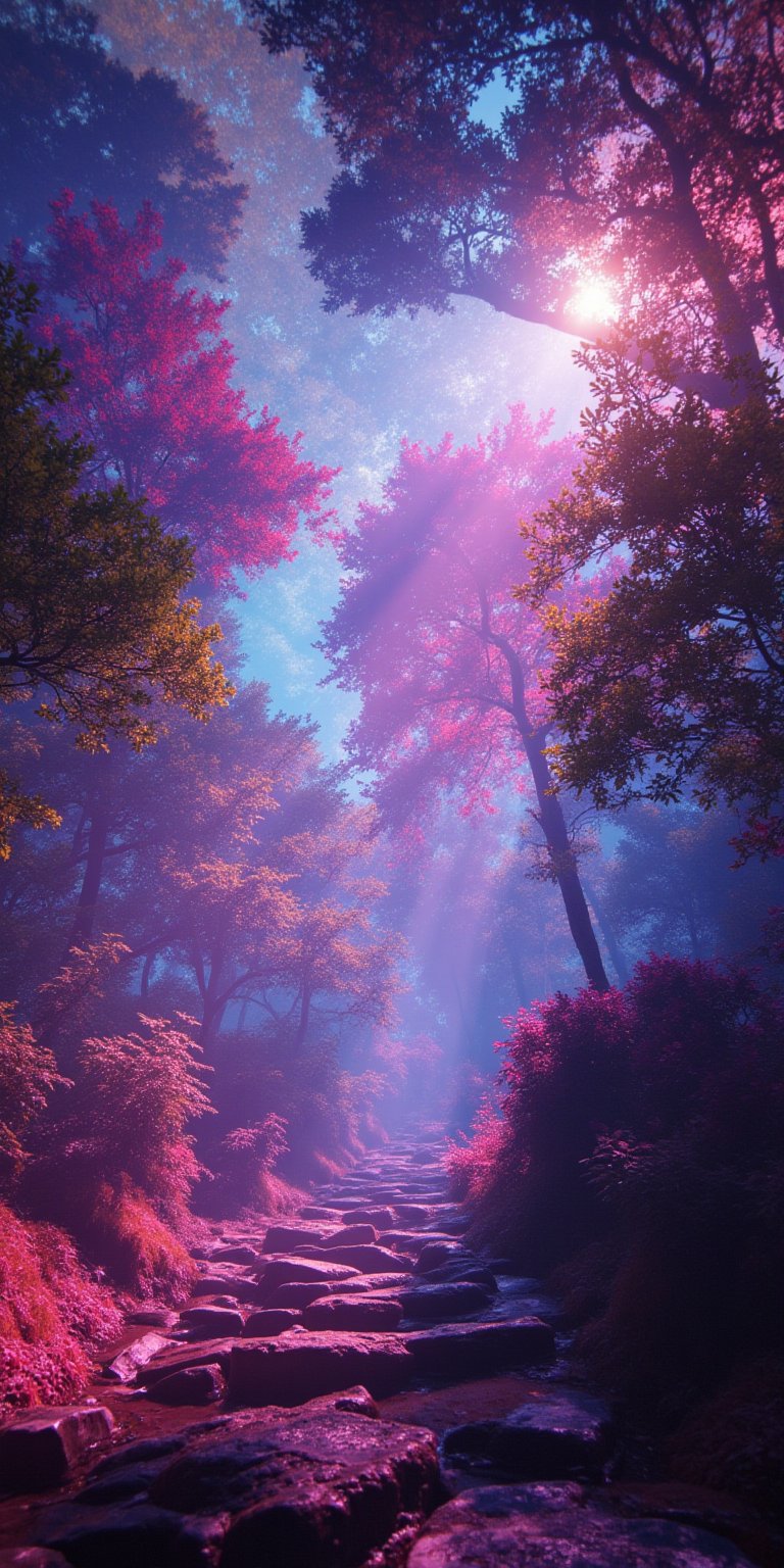 magical planet where everything is vibrant and full of colors where bright trees and flowers 4K    --chaos <30>  --uplight  --q <.25, .5,  2, >、（Eye level angle）、（medium shot）、（photoreal）、（volumetric light） 