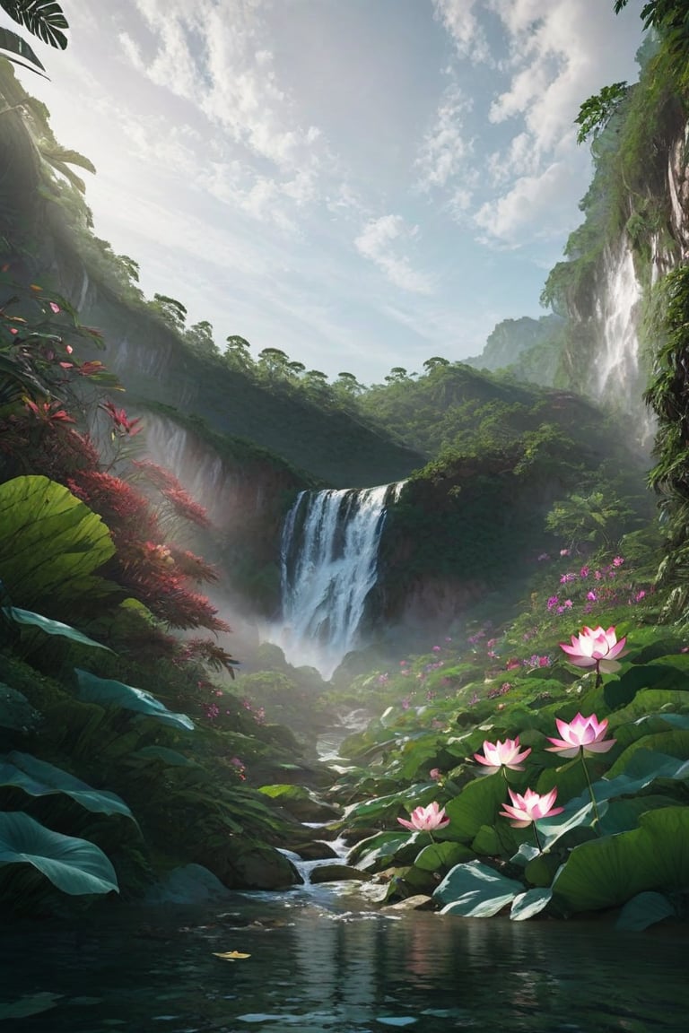 A tropical waterfall cascading down a mountainous terrain with exotic colored lotus flowers in the foreground --ar 9:16   --chaos <30>  --uplight、（Eye level angle）、（medium shot）、（photoreal）