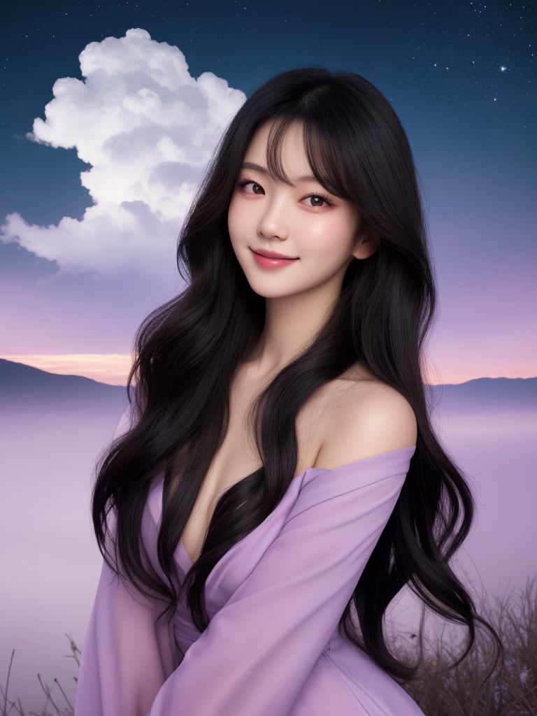 Japanese girl, lilac dress, dark eyes, medium wavy hair, medium chest, long red-black gradient hair, night sky, summer night, portrait, tranquility, innocence, fantasy, bright colors, dark tones, clouds, full body , smile - - ar 9:16 --chaos <30> --q <.25, .5, 1, >, (horizontal angle), (medium shot), (real photo), (soft light) ,(Hyperrealistic)