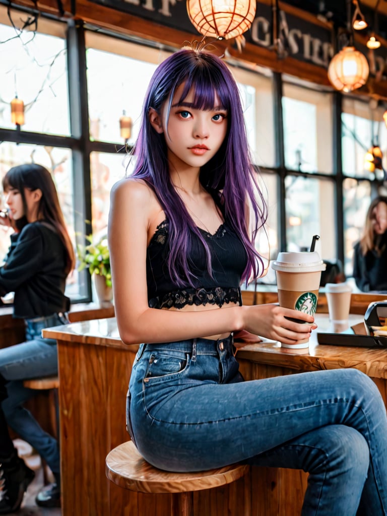 A charming scene unfolds as three adorable Chinese girls, wearing matching black lace crop tops and blue jeans, sit comfortably in a cozy winter-themed coffee shop. Her long purple hair hangs down her back like a purple river. The youngest girl, 20, strikes a sexy pose, with warm lighting highlighting her high cheekbones and striking features. Friends wear matching outfits and join in similar styles and poses, exuding youthful energy and charm.,score_9, score_8_up, score_7_up, score_6_up, score_5_up, score_4_up, 