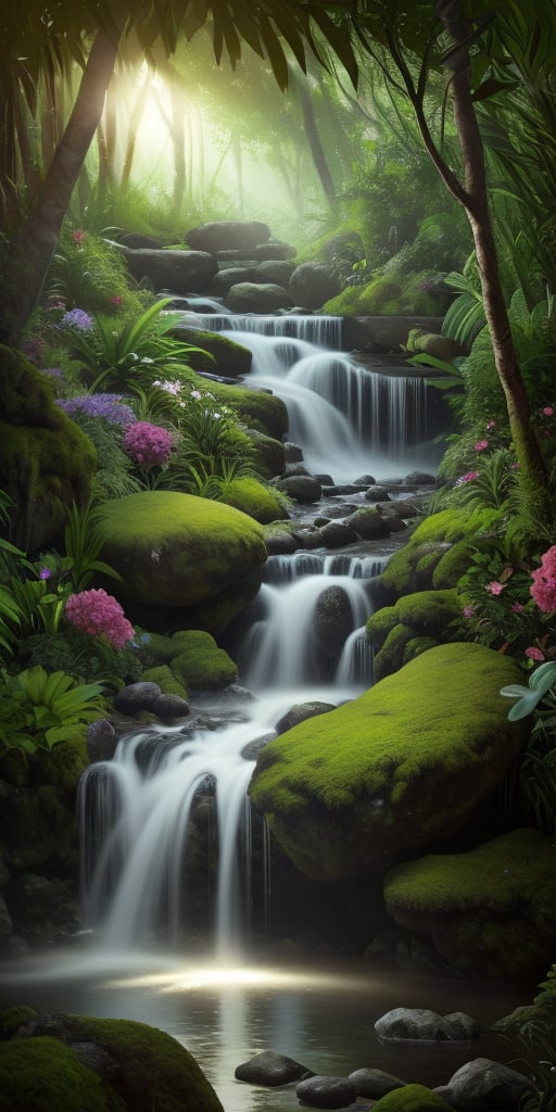 A tranquil jungle waterfall cascades down moss-covered rocks, surrounded by an explosion of emerald greenery and fiery flowers. The air is bathed in a soft, ethereal glow, as if the moon's gentle rays have seeped into the underbrush. In the midst of this verdant wonderland, a subtle uplight 4k  --ar 9:16   --chaos <30>  --uplight  --q <.25, .5,  2, >、（Eye level angle）、（medium shot）、（photoreal）、（volumetric light）、(Hyperrealistic)casts an eerie ambiance, imbuing the scene with mystique. Framed at eye level, the medium shot captures the essence of this primordial oasis, where nature's beauty is amplified by the photographer's keen eye and mastery of volumetric light. The resulting image is nothing short of photorealistic, a testament to the artist's skill in capturing the hyperrealism of this mystical jungle haven.