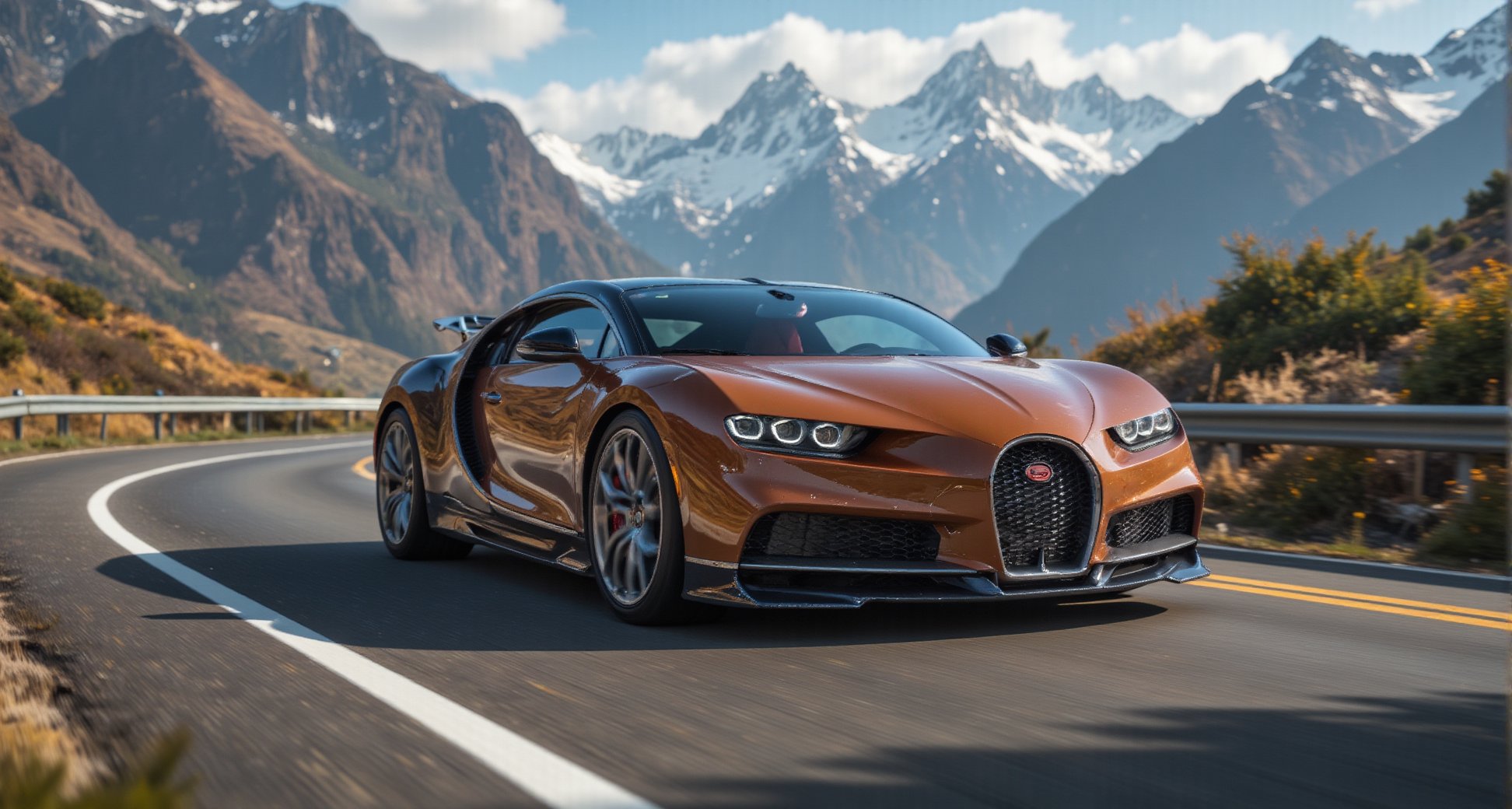 A Bugatti Mistral supercar, with a brown streamlined body, 4 horizontal LED daytime running light headlights, FORGIATO VENTOSO ECX design bright silver tire aluminum frame, high-strength lightweight wheels, the weather is clear during the day, driving on a winding mountain road, background: Blue sky, beautiful mountain scenery,32K,--chaos <30>  --uplight  --q <.25, .5,  2, >、（Low Angle）、（close-up）、（photoreal）、（volumetric light）、(hyper quality)