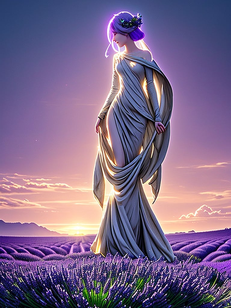 A lavender field at dusk, where the flowers transform into glowing, human-shaped sculptures with a surreal, dreamlike quality --ar 9:16   --chaos <30>  --uplight  --q <.25, .5,  2, >、（Eye level angle）、（medium shot）、（photoreal）、（volumetric light）