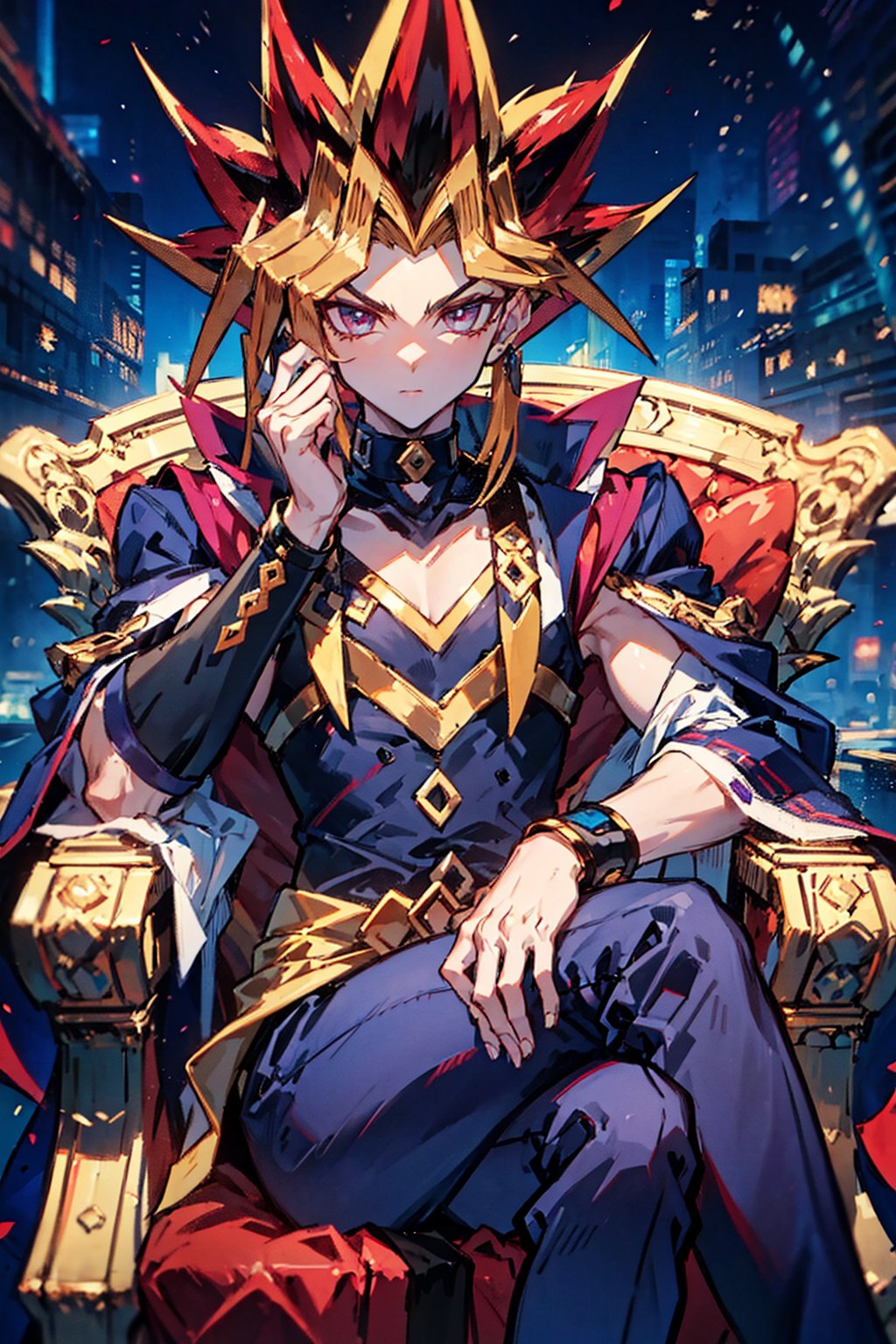 Average height, single, masterpiece, high quality and highly detailed boy, Yami from Yu-Gi-Oh, medium shot, big and intense eyes, dark purple, almost reddish, with thin and angular eyebrows, has light colored skin, an exaggerated hairstyle, with locks that rise in sharp points, the base of his hair is black, but has a blonde outer layer that surrounds his face, additionally, he has purple locks at the tips, he is serious with an arrogant look while sitting on a throne dressed in an elegant manner.