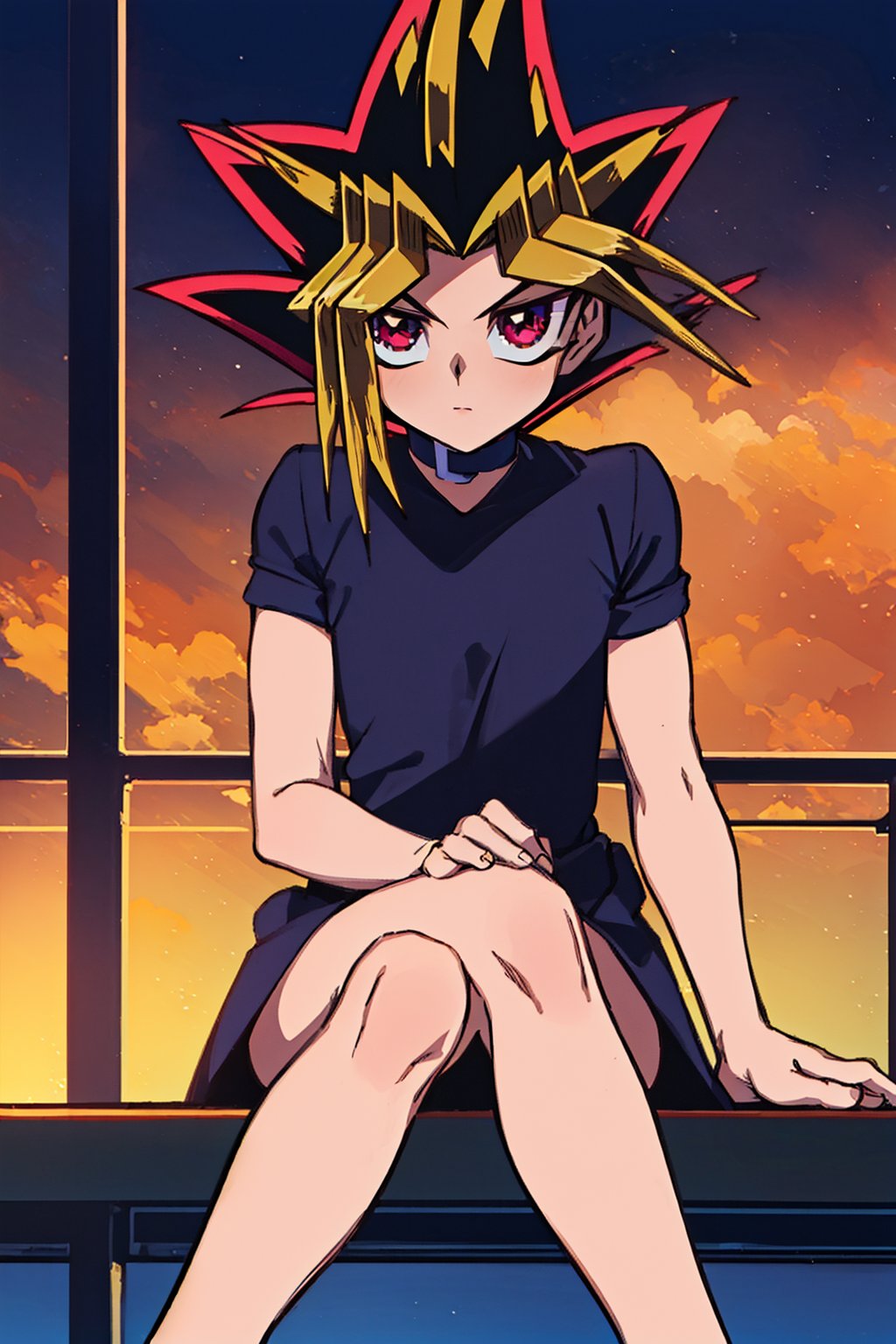 very detailed, high quality, masterpiece, beautiful, medium shot, a boy, alone, Yami from Yu-Gi-Oh, Sitting with his head resting on his hands, looking down or into the distance. Large, intense eyes. Dark purple, almost reddish color with thin, angular eyebrows, emphasizing her penetrating expression with a neutral gesture. She has light-toned skin, an exaggerated hairstyle, with strands that rise into sharp tips. The base of his hair is black, but he has a blonde outer layer that surrounds his face, in addition, he has purple strands at the ends, black shirt, in a cafe, sunset, calm.