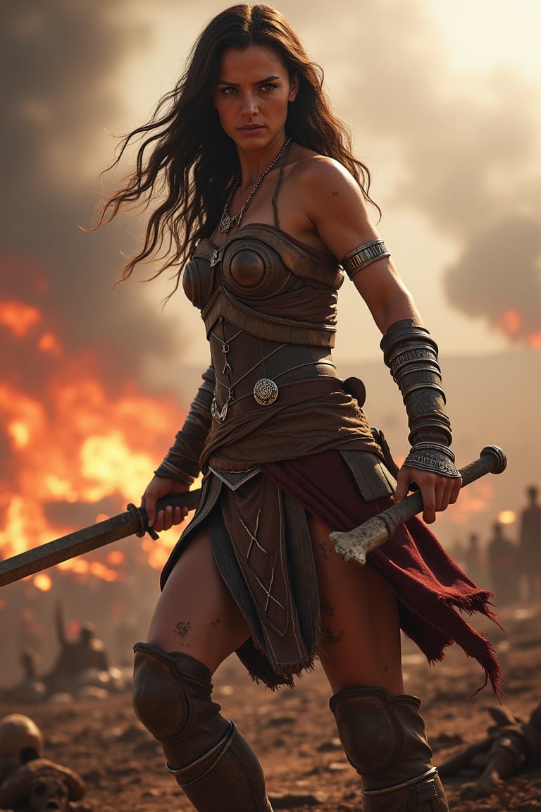 Gal Gadot as Kassandra (Assassin's Creed) Assassin's Creed Odyssey, (masterpiece:1), (bestquality), (highlydetailed), (ultra-detailed), (1girl:1), (full body:1), (young girl), (brunette hair), (weapon in hand), (war battle scene), (bloody atmosphere), (smoke), (fire), (corpses), (chaotic background), (explosions), (torn clothing), (determined expression), (sweat and dirt), (injured), (dynamic pose), (broken armor), (burnt landscape), (fighting stance), (smoldering debris), (flames:1), (battle cries), (sounds of war:1)