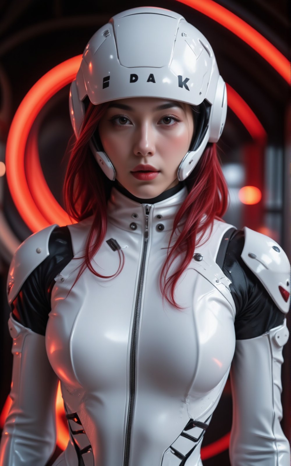 Captured at eye-level, a close-up shot captures a woman in a white robot-like outfit, adorned with a helmet and a red light. The woman's helmet is adorned with the word "EDAK" in black letters. Her hair is long and cascades in a ponytail, adding a pop of color to the scene. The background is a stark contrast of red and black lights, creating a striking visual effect.,mechanx,hunart,future enchantress