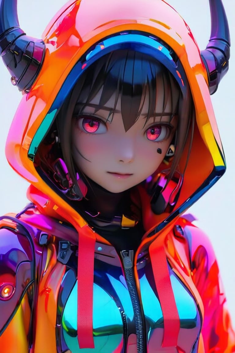 score_9_up, score_8_up,score_7_up,3D,upper_body,demon, facing_viewer,fully_clothed, score_9_up, score_7_up, PVC,anime,Anime Style.,vivid color,1girl,hooded_jacket,cybernetic