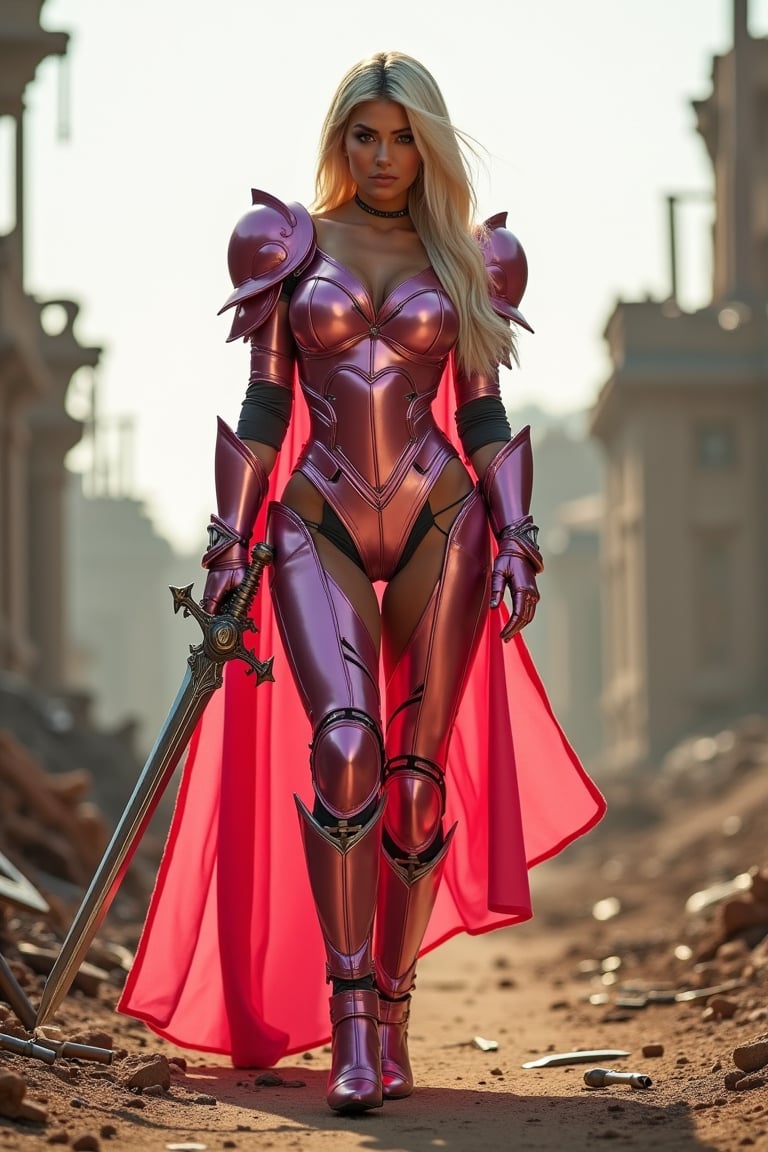 Kylie Jenner, a sultry barbarian maiden, struts confidently through a post-apocalyptic wasteland, her pink mechanical armor glistening in the hazy sunlight. The metallic exosuit hugs her curves, accentuating her toned physique as she wields a gleaming sword. A crimson cape flows behind her like a fiery aura, amidst ruins of crumbling buildings and twisted metal debris.