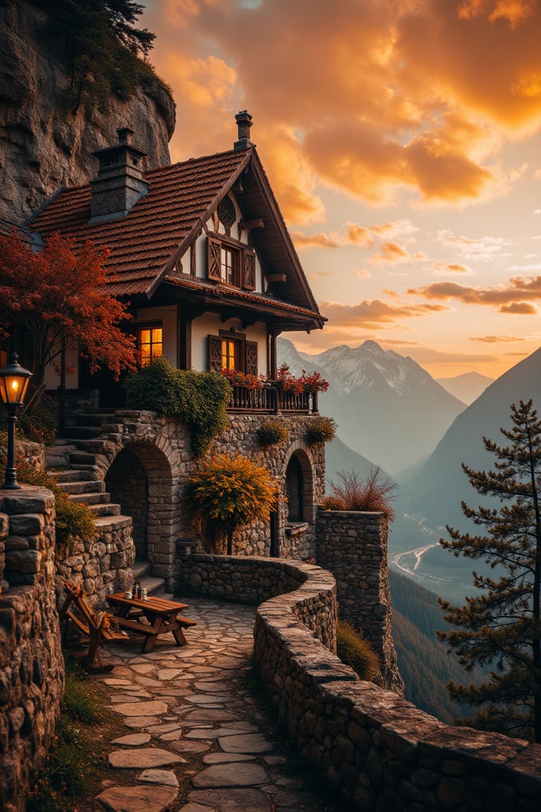 Captured at eye-level on a low-angle perspective, a rustic, medieval-style house, adorned with a brown roof, is situated on a cliff overlooking a valley. The house casts a warm glow, adding a touch of rustic charm to the scene. Adjacent to the house, a stone wall serves as a place to sit at a picnic table. The scene is set against a backdrop of mountains, a mountain range, and a cloudy sky. The sky is a vibrant orange, with a few wispy clouds, adding depth to the composition.