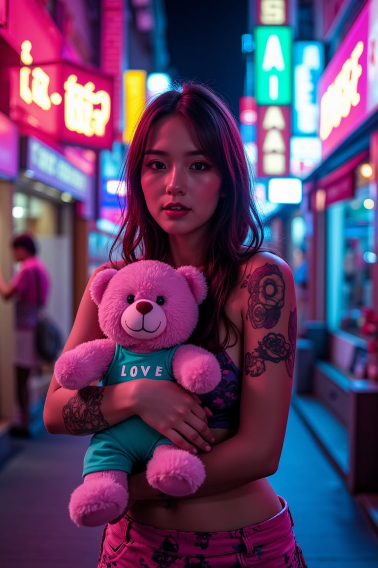 On a bustling neon-lit street, an individual stands out with their casual summer attire, marked by a sleeveless top adorned with intricate designs and camouflage shorts with pink highlights. Their arm showcases a collection of colorful tattoos, adding to their unique urban style. In their embrace, a teddy bear wearing an aqua-colored outfit boldly declares "LOVE". The vibrant neon signs in the background spell out words from different languages, contributing to the lively atmosphere of the city night. ,,futuremadness