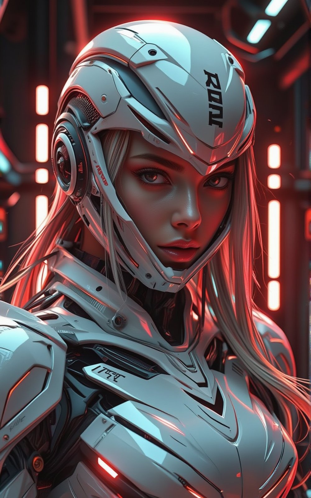 A close-up shot captures a woman's intense gaze, her white robotic attire and helmet with 'NAZA' emblazoned in bold black letters, as a fiery red light illuminates her features. Long hair cascades down her back like a vibrant waterfall, adding a splash of color to the dark, industrial backdrop of pulsing red and black lights that seem to vibrate with energy. ,mechanx,hunart,future enchantress,hanemperor23,HyperReal X Anime