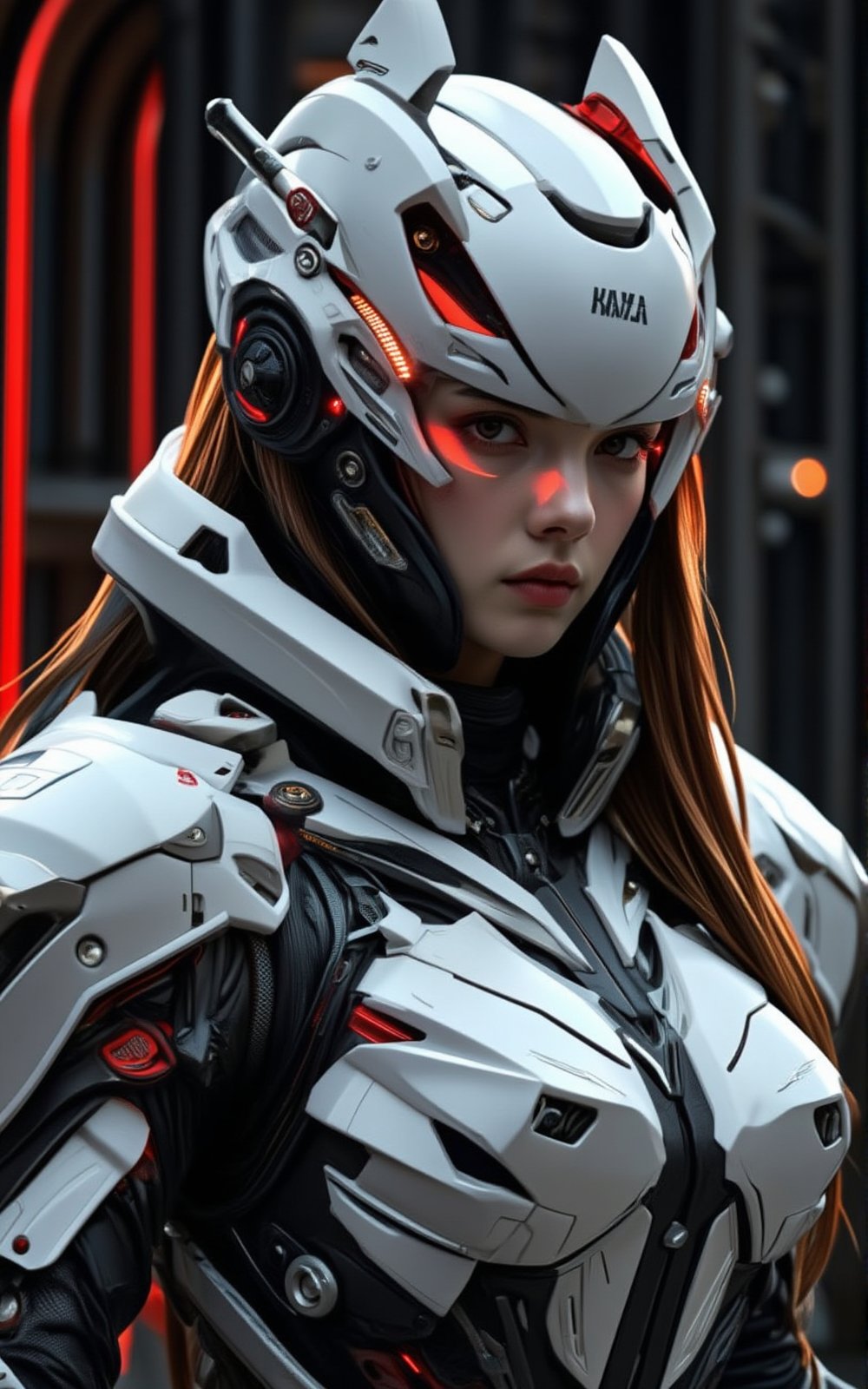 A close-up shot captures a woman's intense gaze, her white robotic attire and helmet with 'NAZA' emblazoned in bold black letters, as a fiery red light illuminates her features. Long hair cascades down her back like a vibrant waterfall, adding a splash of color to the dark, industrial backdrop of pulsing red and black lights that seem to vibrate with energy. ,mechanx,hunart,future enchantress,hanemperor23