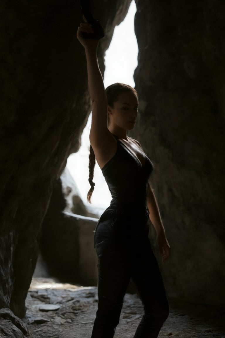 A sultry woman stands at the edge of a dimly lit cave-like setting, her black leather outfit gleaming under the faint light. She holds a gun firmly in her right hand, while her left arm rises freely towards the air and her right arm rests confidently on her hip. Her long hair flows in a single braid down her back, creating a sense of dynamic movement across her face. The shadow cast by the cave's entrance falls ominously to the left side of the frame, adding depth and mystery to the scene.,l4r4cr0ft,REMBRANDT