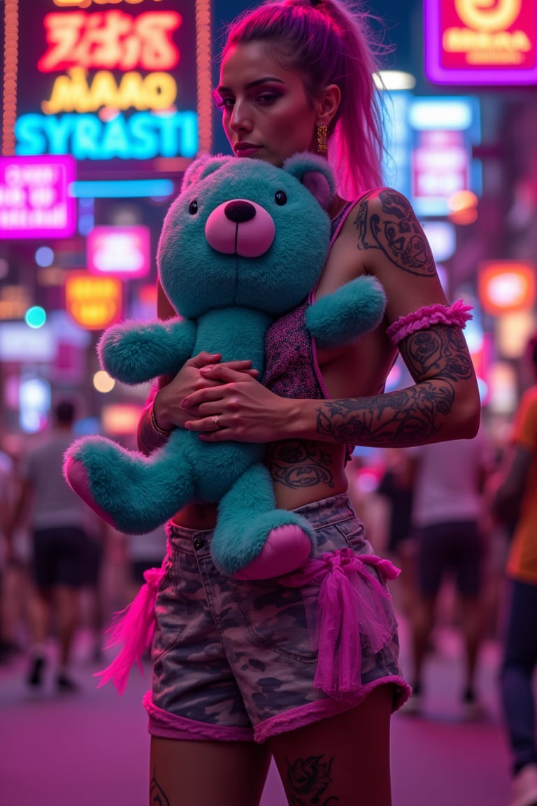 On a bustling neon-lit street, an individual stands out with their casual summer attire, marked by a sleeveless top adorned with intricate designs and camouflage shorts with pink highlights. Their arm showcases a collection of colorful tattoos, adding to their unique urban style. In their embrace, a teddy bear wearing an aqua-colored outfit boldly declares "LOVE". The vibrant neon signs in the background spell out words from different languages, contributing to the lively atmosphere of the city night. ,,futuremadness