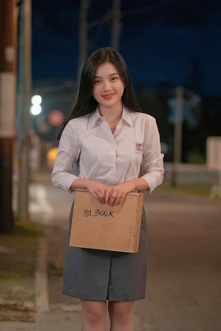 a woman 18 years old wearing a tight white shirt and a short gray skirt at night and on the side of the road smiling at the camera she is holding a cardboard that says: 'ST:300k',sma,school uniform,kimyoojung,Kodak Portra 400 analog film stocks,Kodak Portra 400 analog film stocks style