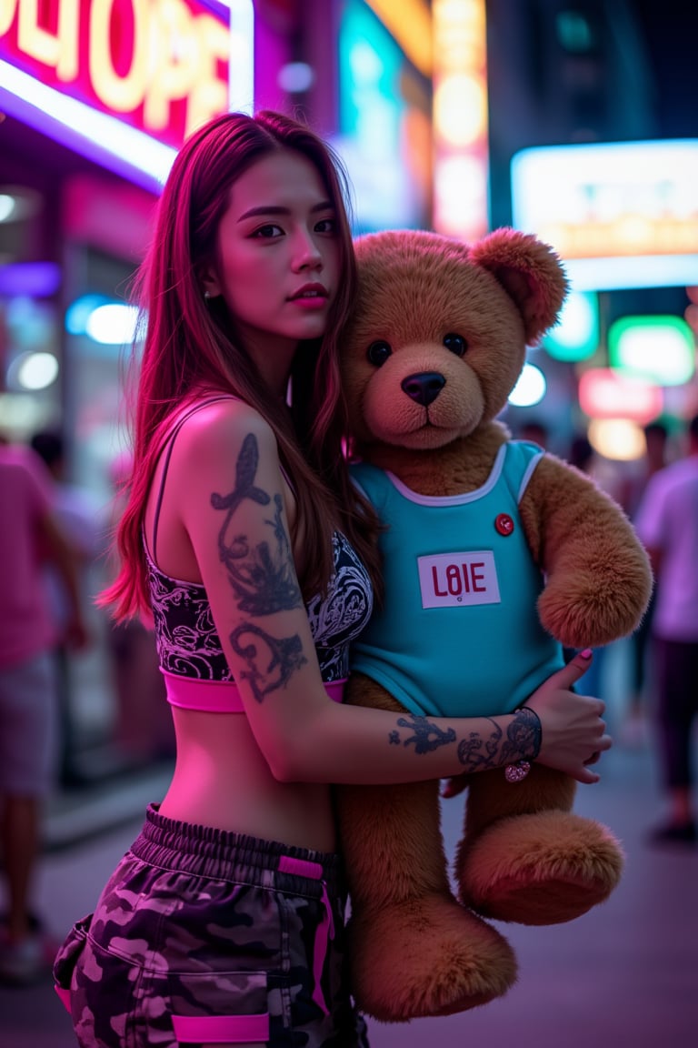 On a bustling neon-lit street, an individual stands out with their casual summer attire, marked by a sleeveless top adorned with intricate designs and camouflage shorts with pink highlights. Their arm showcases a collection of colorful tattoos, adding to their unique urban style. In their embrace, a teddy bear wearing an aqua-colored outfit boldly declares "LOVE". The vibrant neon signs in the background spell out words from different languages, contributing to the lively atmosphere of the city night. ,,futuremadness