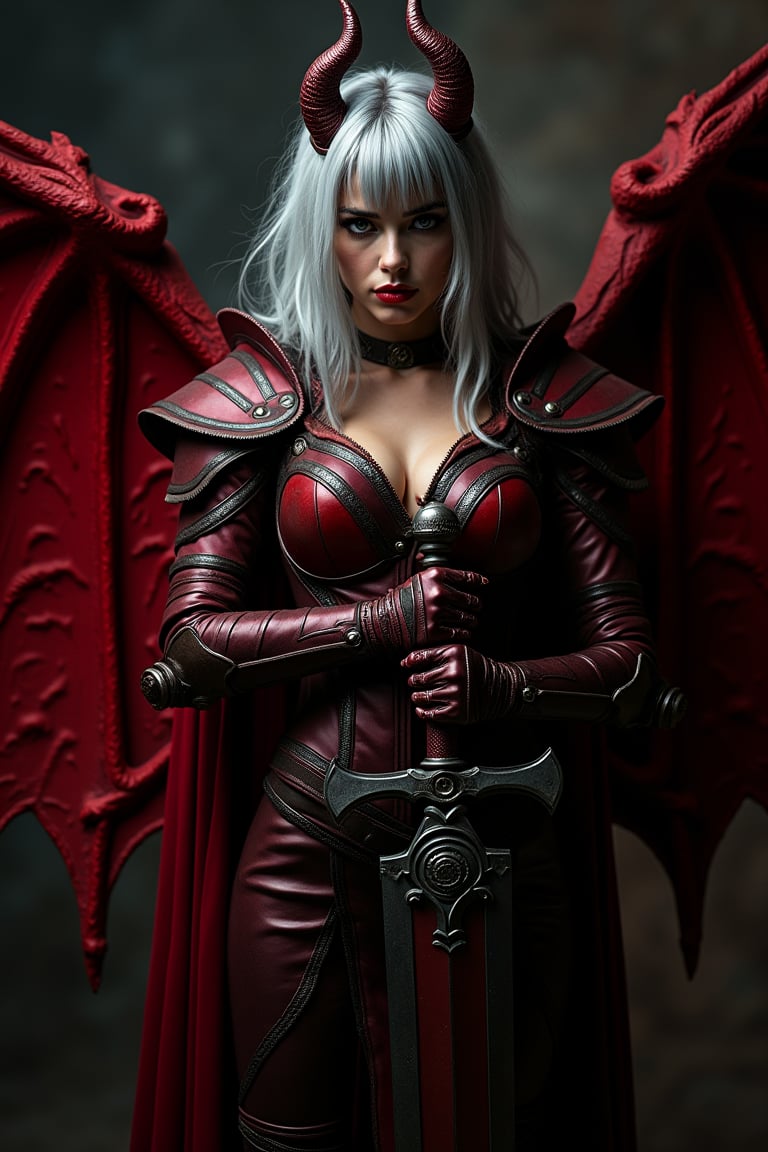 A haunting portrait of young Megan Fox as a female demon: her silver hair flows like molten lava, bangs framing her heart-shaped face. Dark red wings sprout from her back, while dramatic eye makeup and bold red lips convey a sultry intensity. She wears sumptuous, elaborate dark red armor, clutching a massive sword in her right hand. Her piercing gaze directly addresses the viewer, as if daring them to approach. Against a chiascuro background, her lithe figure is silhouetted, creating a dramatic full-body portrait that exudes power and mystique.