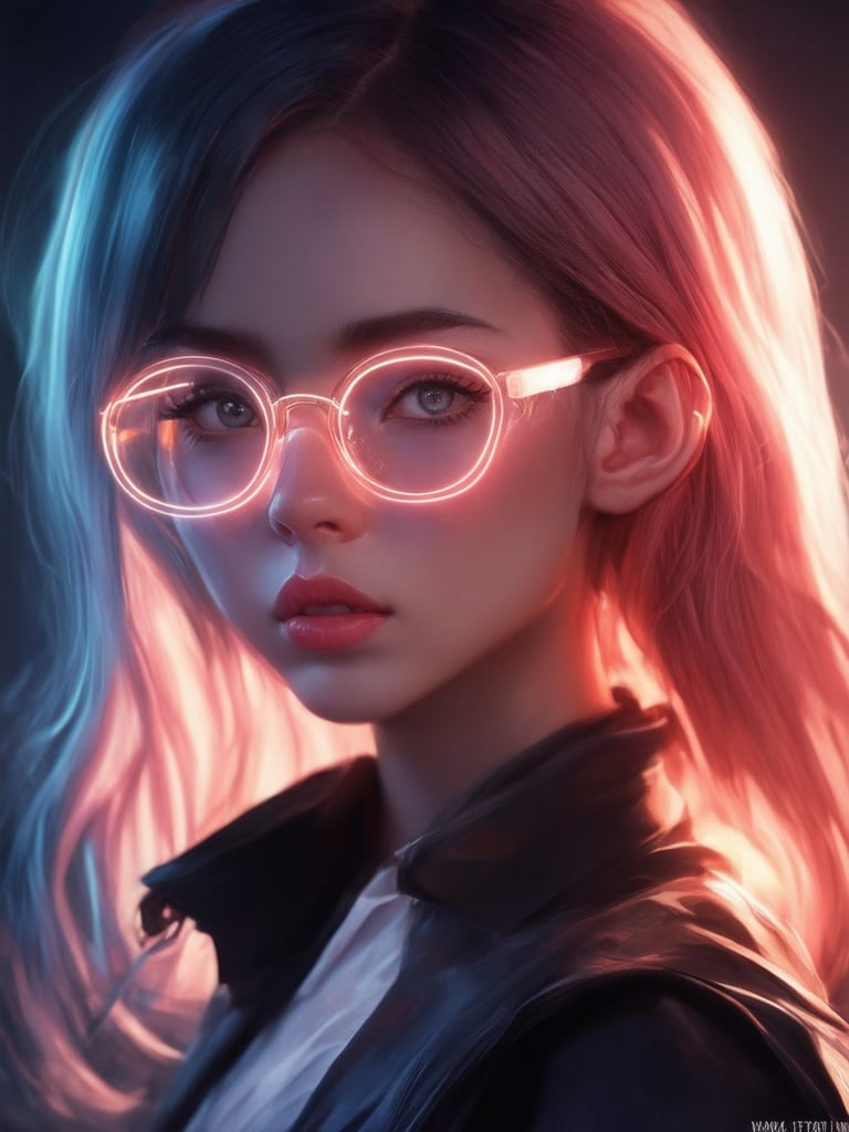 Similar graph, a cyberpunk girl, Wear clear neon glasses, cyberpunk., golden ratio details, 32k uhd, fantasy, cyberpunk, intricate, decadent, highly detailed, digital painting, ever after high, octane render, artstation, concept art, smooth, sharp focus, illustration, art by artgerm, loish, wlop. (heartwarming, uplifting, charming), (UHD, masterpiece, detailed eyes, detailed face, highest quality), (light leaks, subsurface scattering, rim light, beautiful lighting and shading, deep background, vibrant complementary colors, sharp focus)