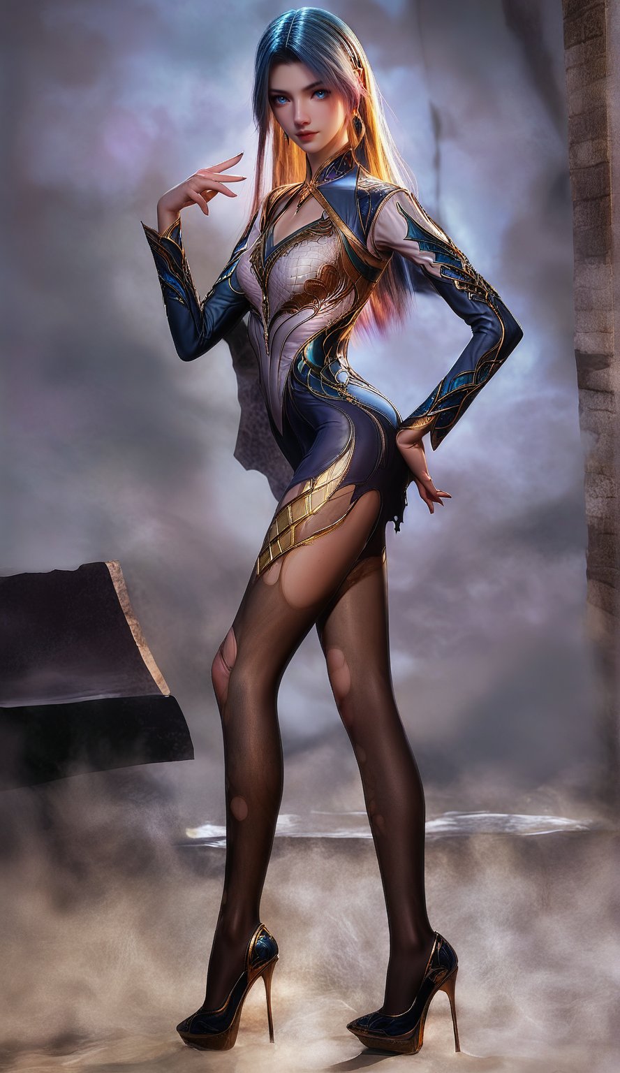 Extremely Realistic, score_6_up, score_7_up, score_8_up, score_9, (wangqiuer, full body shot, (((long slender legs:1.6))), torn black pantyhose, high heels, standing, full body in front view direction, facing viewer, blue and white outfit with golden patterns and designs,high neckline and long sleeves, long slender legs, torn black pantyhose, high heels, looking at viewer,the overall color scheme of the image is predominantly blue and white,with hints of purple and pink,the image has a dreamy,ethereal quality,with a sense of depth and mystery,)