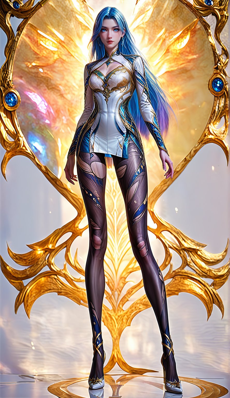 Extremely Realistic, score_6_up, score_7_up, score_8_up, score_9, (wangqiuer, full body shot, perfect slender legs, torn black pantyhose, high heels, standing, full body in front view direction, facing viewer, blue and white outfit with golden patterns and designs,high neckline and long sleeves, perfect slender legs, torn black pantyhose, high heels, looking at viewer,the overall color scheme of the image is predominantly blue and white,with hints of purple and pink,the image has a dreamy,ethereal quality,with a sense of depth and mystery,)