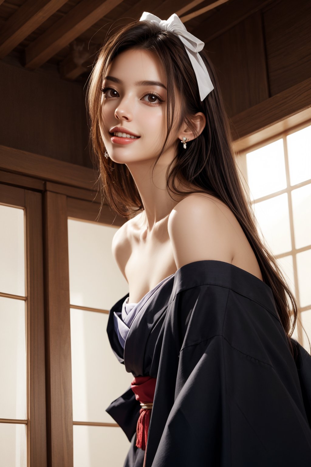  1girl, solo, long hair, looking at the viewer, smile, bangs, brown hair, realistic, shoulders-long messy elegant hair.  (full body), daytime, sunny weather, abundant sunlight, ((from below)), Wearing loose kimono, loose off shoulder, smiling at the camera, jewels. masterpiece, best quality, photorealistic, raw photo, earrings, black eyes, lips, bow headband, lips, ribbon, realistic, parted lips, lips, ribbon, realistic, blurry background, (full_body spot)