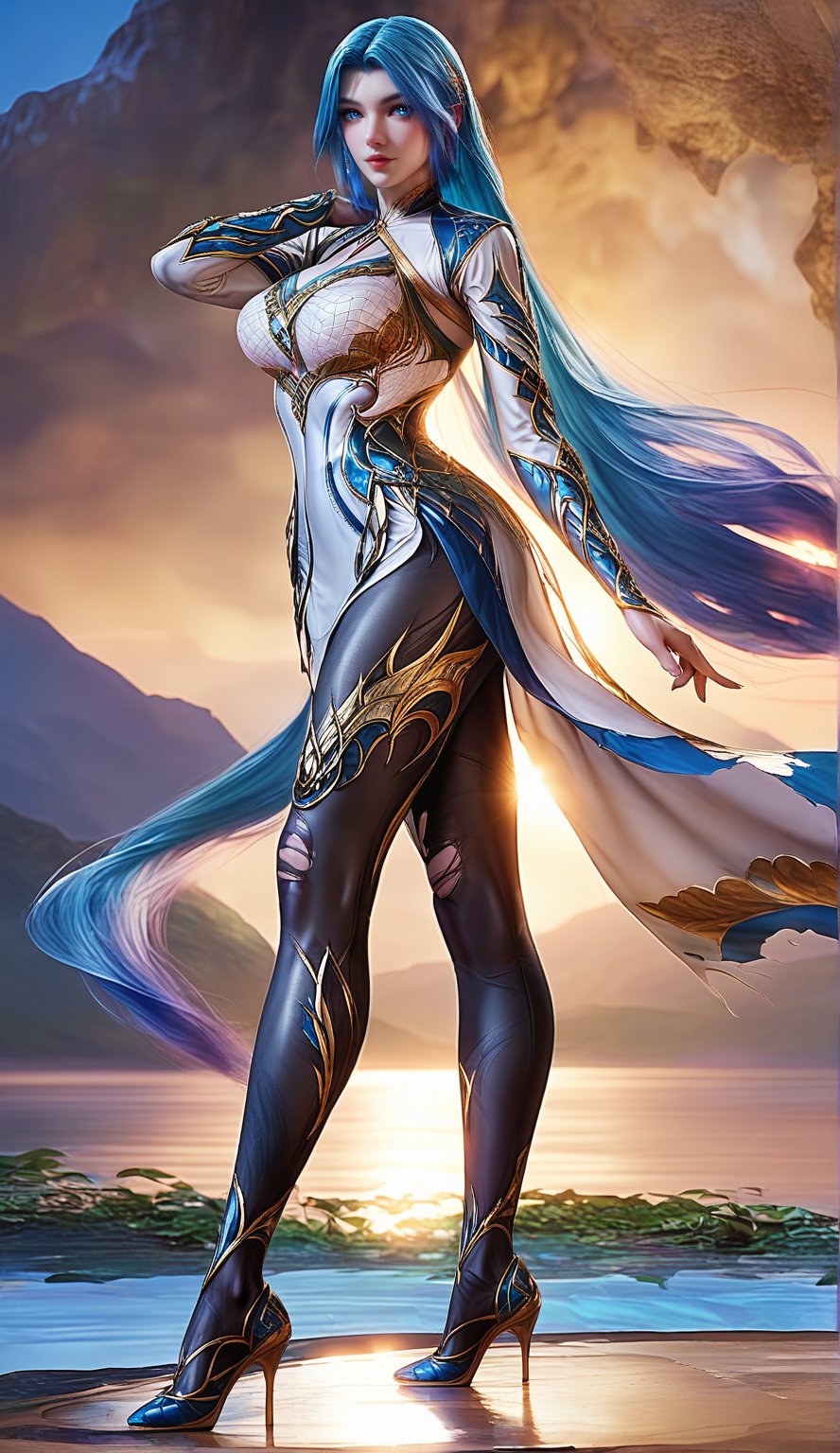 Extremely Realistic, score_6_up, score_7_up, score_8_up, score_9, (wangqiuer, full body shot, torn black pantyhose, high heels, standing, sexy pose, full body in front view direction, facing viewer, blue and white outfit with golden patterns and designs,high neckline and long sleeves, torn black pantyhose, high heels, standing, sexy pose, looking at viewer, mountainous forested shallow lake), (((sexy standing pose:1.6)))