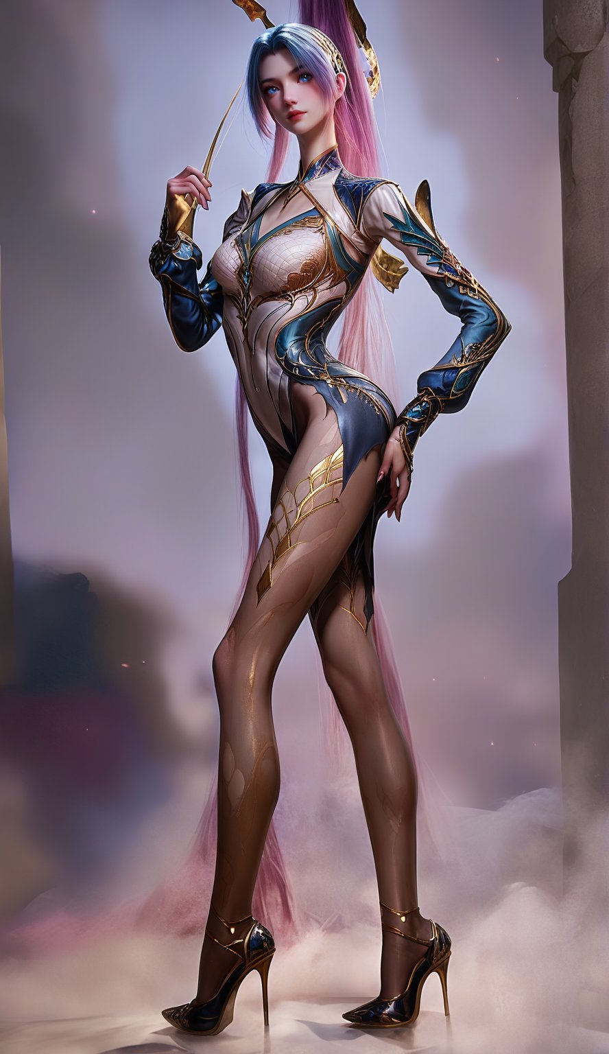 Extremely Realistic, score_6_up, score_7_up, score_8_up, score_9, wangqiuer, full body shot, (((long slender legs:1.6))), torn black pantyhose, high heels, standing, full body in front view direction, facing viewer, blue and white outfit with golden patterns and designs,high neckline and long sleeves, long slender legs, torn black pantyhose, high heels, looking at viewer,the overall color scheme of the image is predominantly blue and white,with hints of purple and pink,the image has a dreamy,ethereal quality,with a sense of depth and mystery,