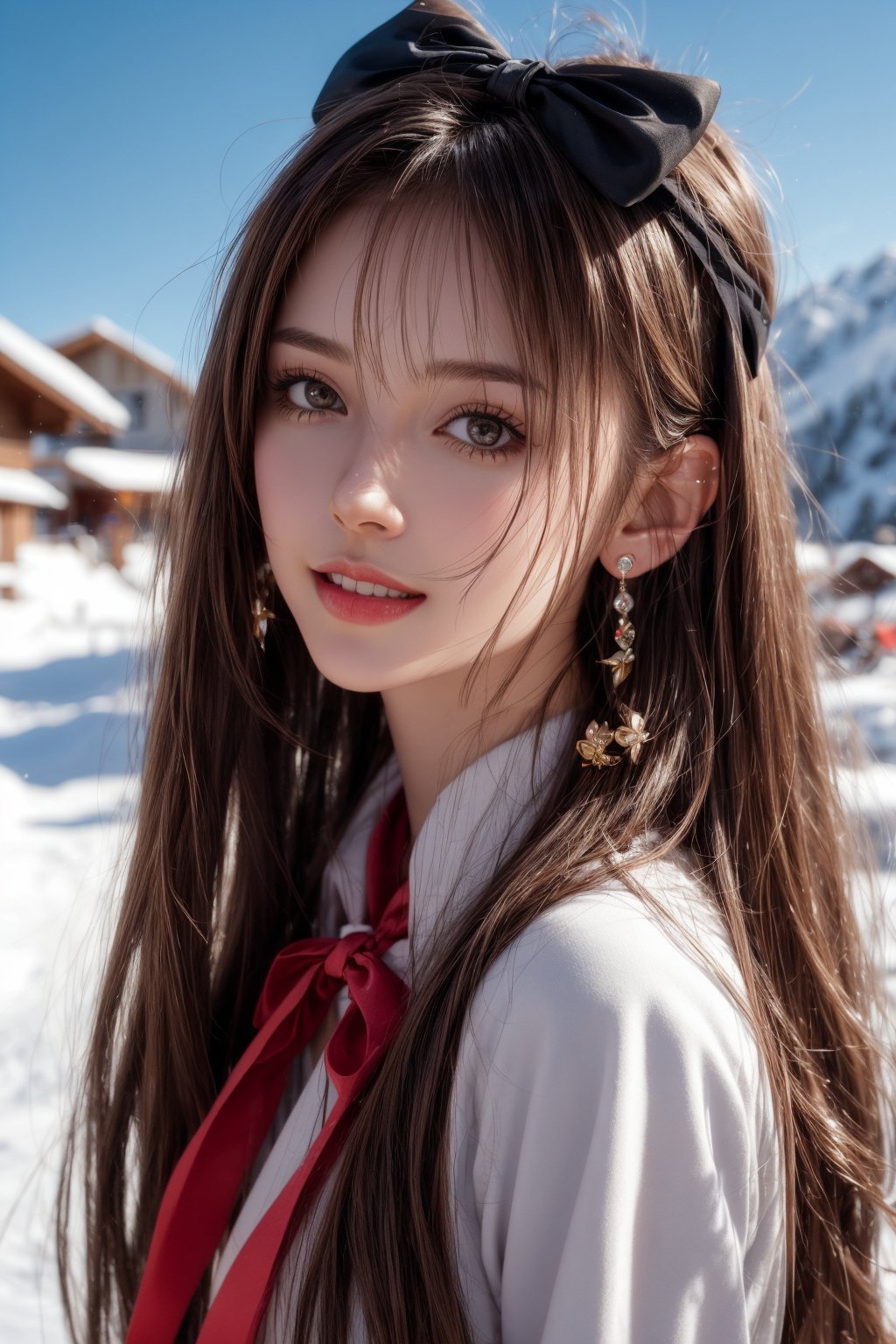  1girl, solo, long hair, looking at the viewer, smile, bangs, brown hair, realistic, shoulders-long messy elegant hair.  full body, daytime, sunny weather, abundant sunlight, Wearing ski gear, Skis and ski poles, skiing at a ski resort, smiling at the camera, jewels. masterpiece, best quality, photorealistic, raw photo, earrings, black eyes, lips, bow headband, lips, ribbon, realistic, parted lips, lips, ribbon, realistic, blurry background,