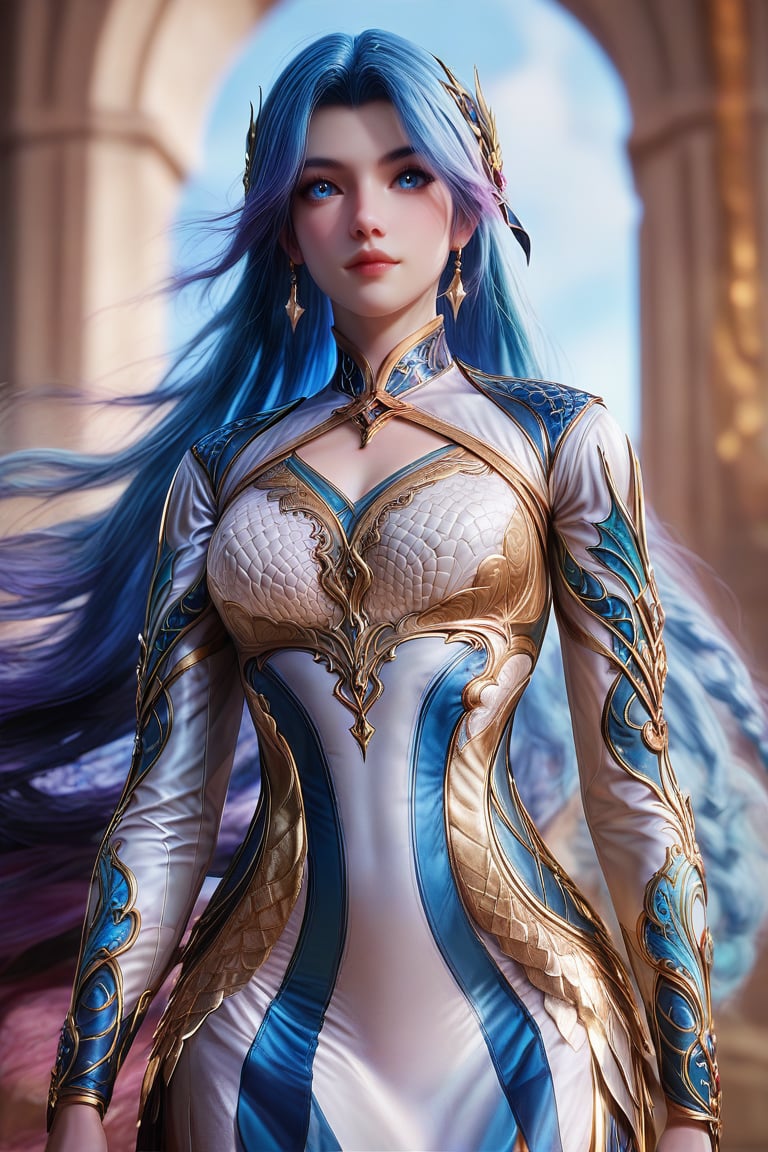 Extremely Realistic, score_6_up, score_7_up, score_8_up, score_9, (wangqiuer, medium shot,standing, body in front view direction, facing viewer, blue and white outfit with golden patterns and designs,high neckline and long sleeves,looking at viewer,the overall color scheme of the image is predominantly blue and white,with hints of purple and pink,the image has a dreamy,ethereal quality,with a sense of depth and mystery,)