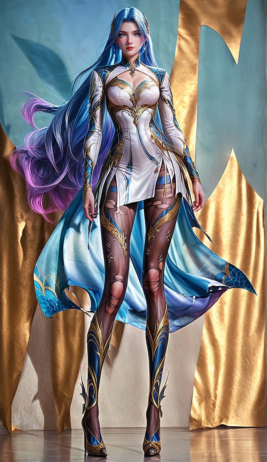 Extremely Realistic, score_6_up, score_7_up, score_8_up, score_9, (wangqiuer, full body shot, torn black pantyhose, high heels, standing, full body in front view direction, facing viewer, blue and white outfit with golden patterns and designs,high neckline and long sleeves, torn black pantyhose, high heels, looking at viewer,the overall color scheme of the image is predominantly blue and white,with hints of purple and pink,the image has a dreamy,ethereal quality,with a sense of depth and mystery,)