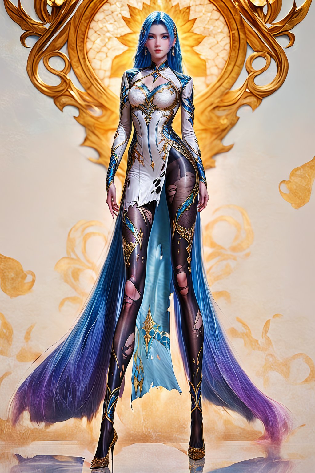 Extremely Realistic, score_6_up, score_7_up, score_8_up, score_9, (wangqiuer, full body shot, perfect slender legs, torn black pantyhose, high heels, standing, full body in front view direction, facing viewer, blue and white outfit with golden patterns and designs,high neckline and long sleeves, perfect slender legs, torn black pantyhose, high heels, looking at viewer,the overall color scheme of the image is predominantly blue and white,with hints of purple and pink,the image has a dreamy,ethereal quality,with a sense of depth and mystery,)