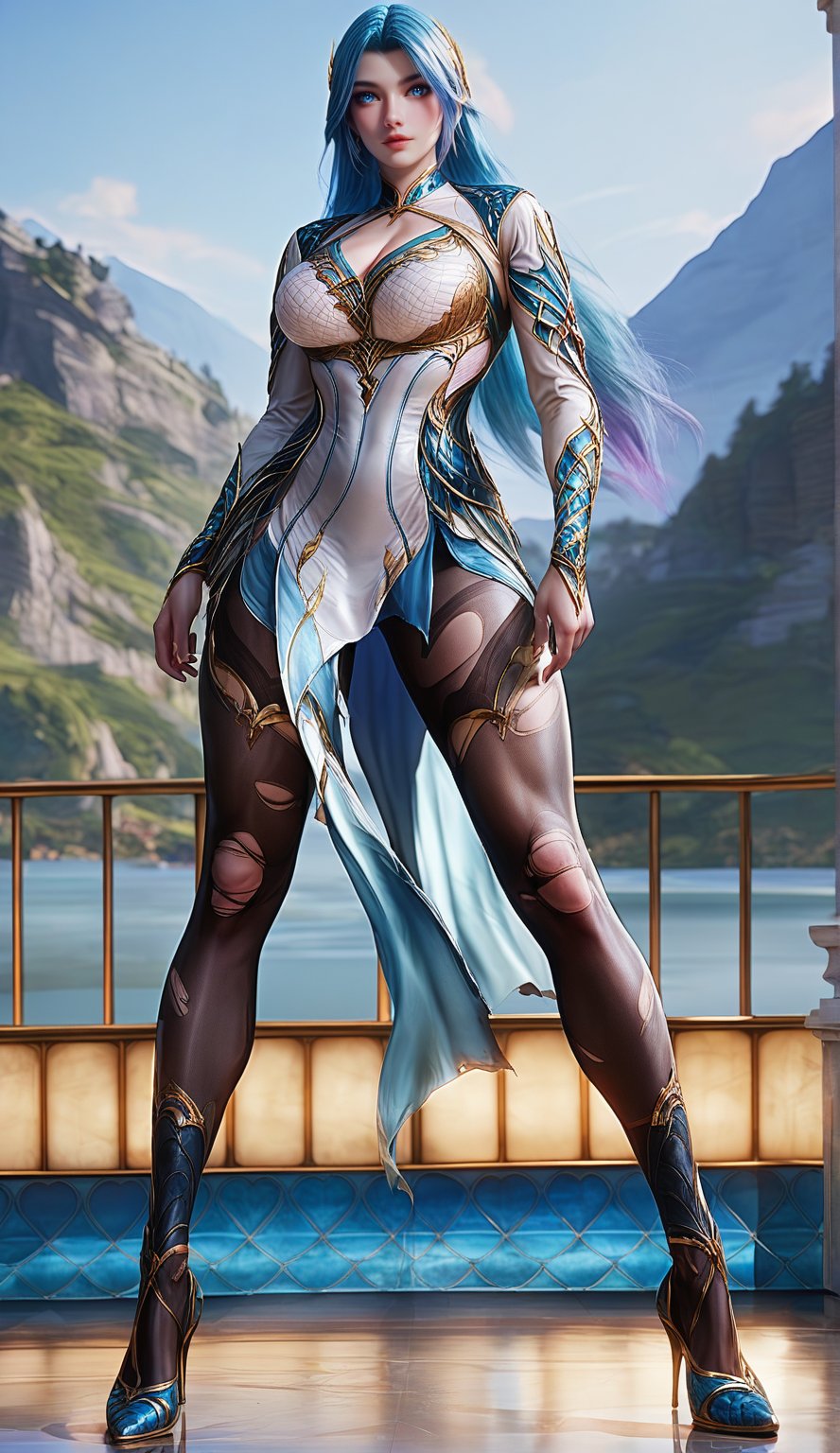 Extremely Realistic, score_6_up, score_7_up, score_8_up, score_9, (wangqiuer, full body shot, torn black pantyhose, high heels, standing, sexy pose, full body in front view direction, facing viewer, blue and white outfit with golden patterns and designs,high neckline and long sleeves, torn black pantyhose, high heels, standing, sexy pose, looking at viewer, mountainous forested shallow lake), (((sexy standing pose:1.6)))