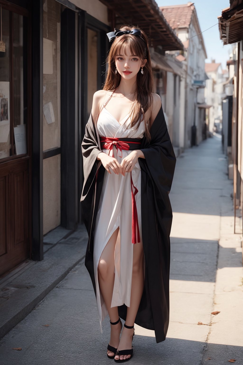  1girl, solo, long hair, looking at the viewer, smile, bangs, brown hair, realistic, shoulders-long messy elegant hair.  (((full body))), daytime, sunny weather, abundant sunlight, Wearing loose kimono, loose shoulder, smiling at the camera, jewels. masterpiece, best quality, photorealistic, raw photo, earrings, black eyes, lips, bow headband, lips, ribbon, realistic, parted lips, lips, ribbon, realistic, blurry background, (full_body spot)