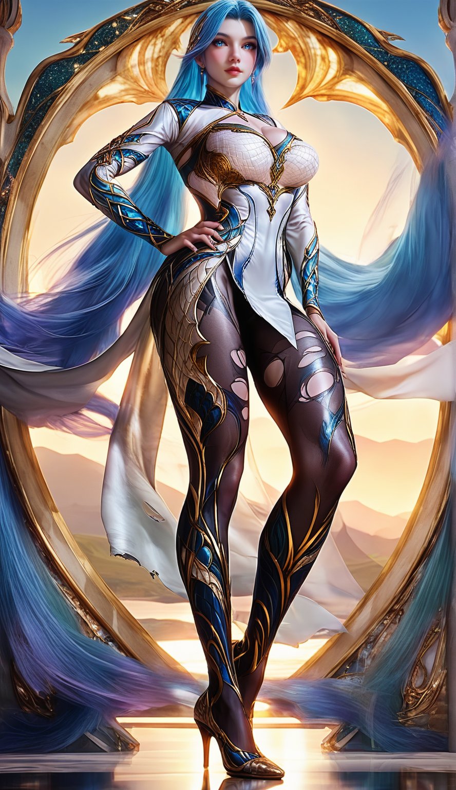 Extremely Realistic, score_6_up, score_7_up, score_8_up, score_9, (wangqiuer, full body shot, torn black pantyhose, high heels, standing, sexy pose, full body in front view direction, facing viewer, blue and white outfit with golden patterns and designs,high neckline and long sleeves, torn black pantyhose, high heels, standing, sexy pose, looking at viewer, mountainous forested shallow lake), (((sexy standing pose:1.6)))