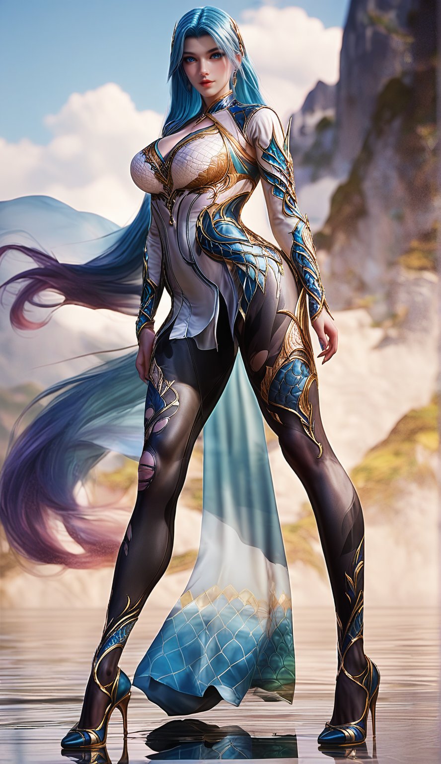 Extremely Realistic, score_6_up, score_7_up, score_8_up, score_9, (wangqiuer, full body shot, torn black pantyhose, high heels, standing, sexy pose, full body in front view direction, facing viewer, blue and white outfit with golden patterns and designs,high neckline and long sleeves, torn black pantyhose, high heels, standing, sexy pose, looking at viewer, mountainous forested shallow lake), (((sexy standing pose:1.6)))