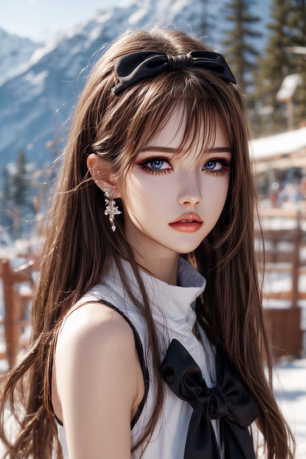  1girl, solo, long hair, looking at the viewer, smile, bangs, brown hair, realistic, shoulders-long messy elegant hair.  full body, daytime, sunny weather, abundant sunlight, Wearing ski gear, Skis and ski poles, skiing at a ski resort, smiling at the camera, jewels. masterpiece, best quality, photorealistic, raw photo, earrings, black eyes, lips, bow headband, lips, ribbon, realistic, parted lips, lips, ribbon, realistic, blurry background,