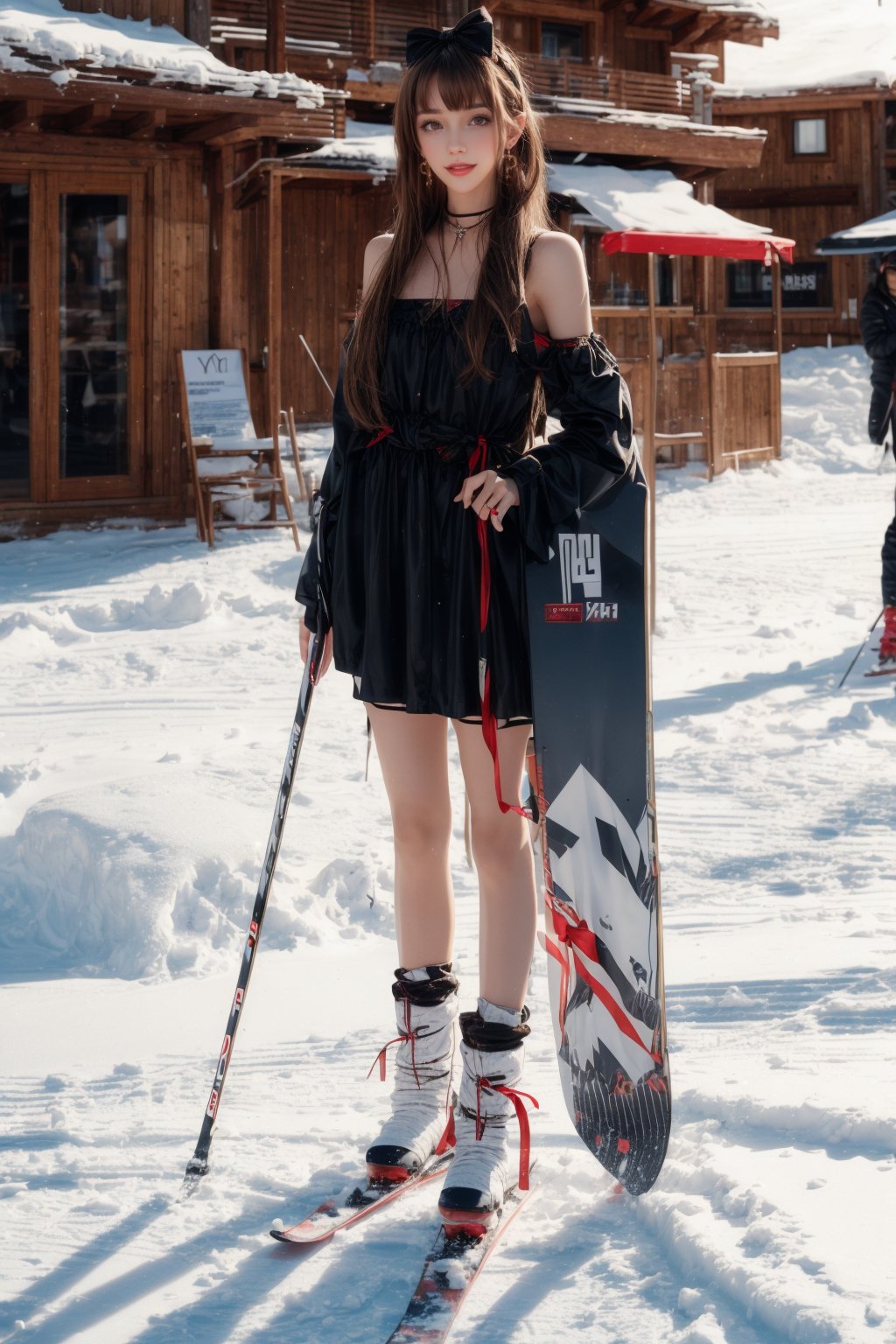  1girl, solo, long hair, looking at the viewer, smile, bangs, brown hair, realistic, shoulders-long messy elegant hair.  (((full body))), daytime, sunny weather, abundant sunlight, Wearing ski gear, Skis and ski poles, skiing at a ski resort, smiling at the camera, jewels. masterpiece, best quality, photorealistic, raw photo, earrings, black eyes, lips, bow headband, lips, ribbon, realistic, parted lips, lips, ribbon, realistic, blurry background,