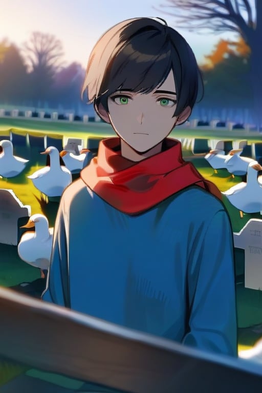 solo, looking at viewer, short hair, bangs, black hair, 1boy, closed mouth, long sleeves, male focus, green eyes, blue t-shirt, red scarf, graveyard, morning, plain, goose
