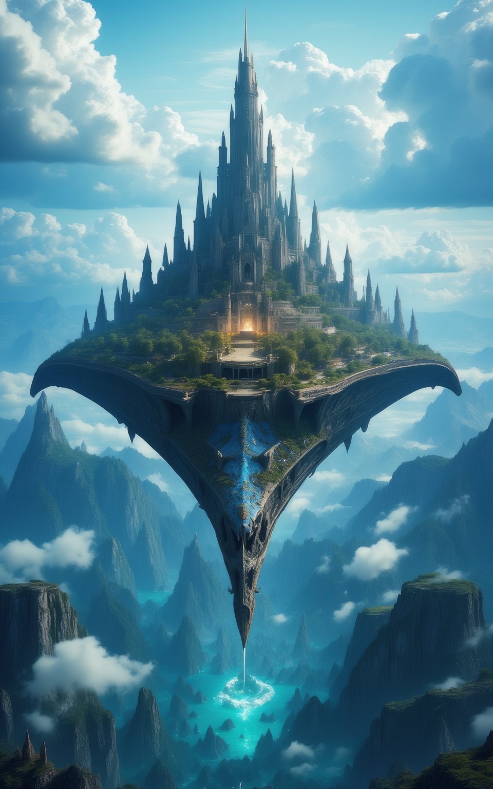 A majestic giant manta ray carrying an entire civilization at its back, flying in the sky, a massive kingdom resides on the giant manta ray's back thriving, a tall stone castle is seen at the center of civilization, vast fantasy world, blue sky with clouds,