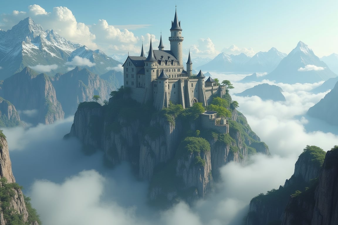 skyworld, floating castle island in the sky, massive fantastical scenery, fantasy world building, exotic town occupying wide area, fortified castle, tall castle at the center of town, surrounded by limestone wall, castle build into mountain, wide terrain, mountain geography, sorrounded by clouds and mist, realism, hyper realistic, photography, blurry effect, Best quality, 4K, 8K, high-resolution, masterpiece, ultra-detailed, photorealistic, soft natural volumetric cinematic perfect light, 
.
.
Digital illustration, Digital Painting, digital art style, fantasy detailers, more details, oil painting effect, fantasy art style, 